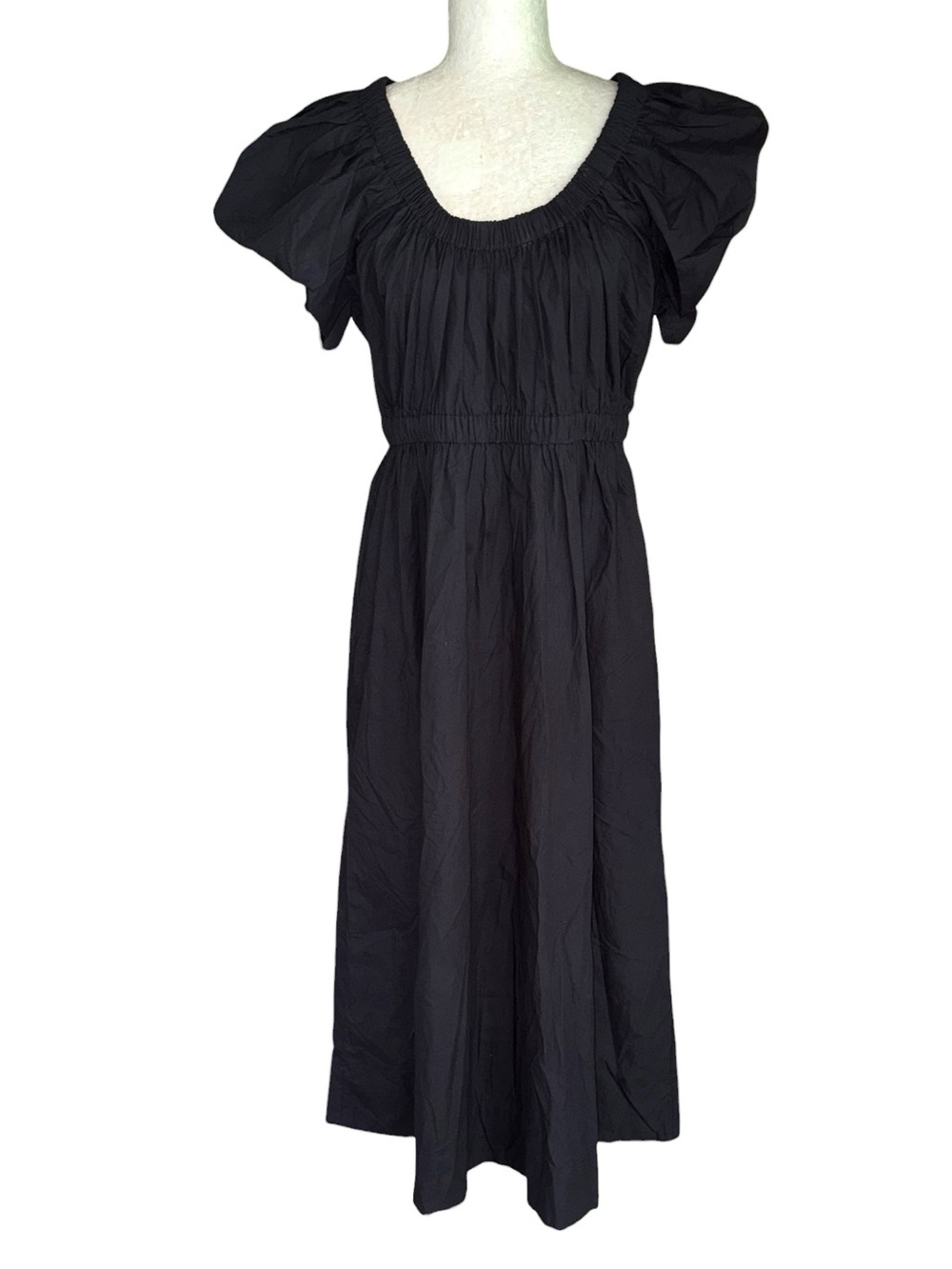Anna Cate Melanie Black Poplin Puff Sleeve A-Line Midi Maxi Dress - S